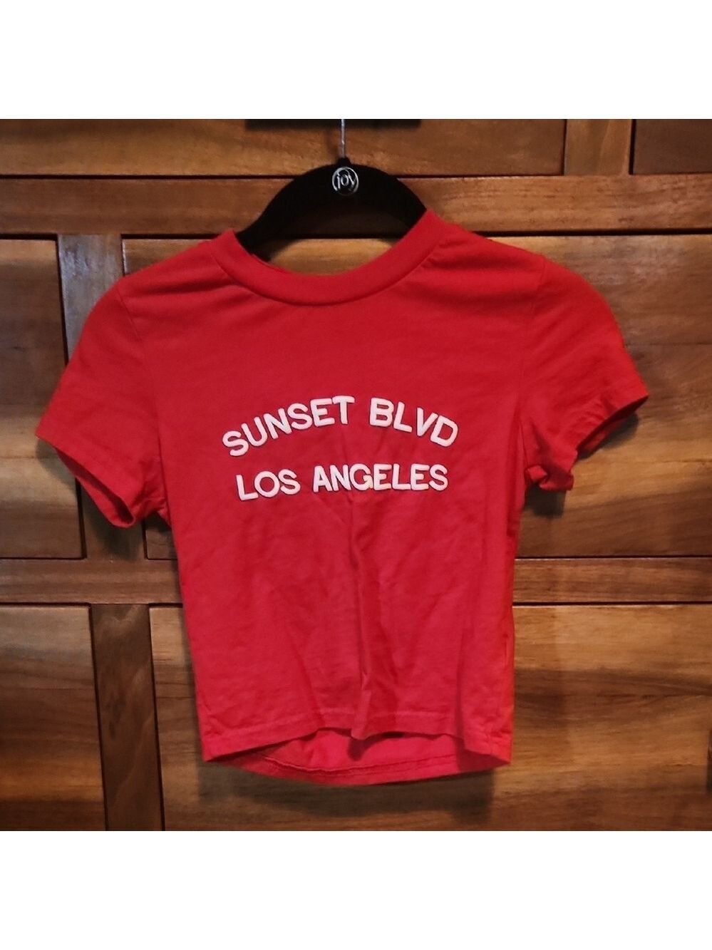Forever 21 Red Short Sleeve Cropped Fitted Classic XS Tee with Sunset Blvd Print